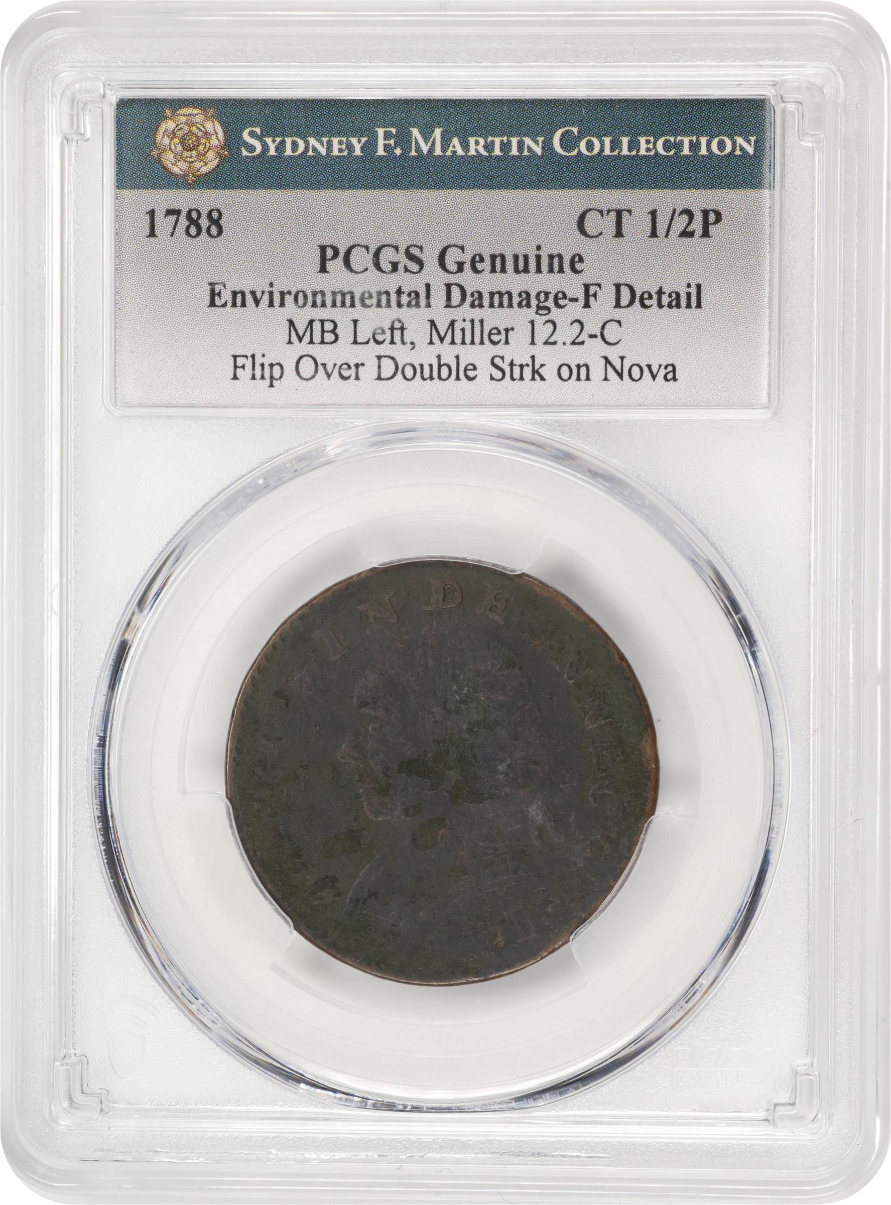 image for: 1788 Connecticut Copper. Miller 12.2-C, W-4525. Rarity-5. Mailed Bust Left. Flipover Double Struck on a Nova Constellatio Copper. Fine Details--Environmental Damage (PCGS).