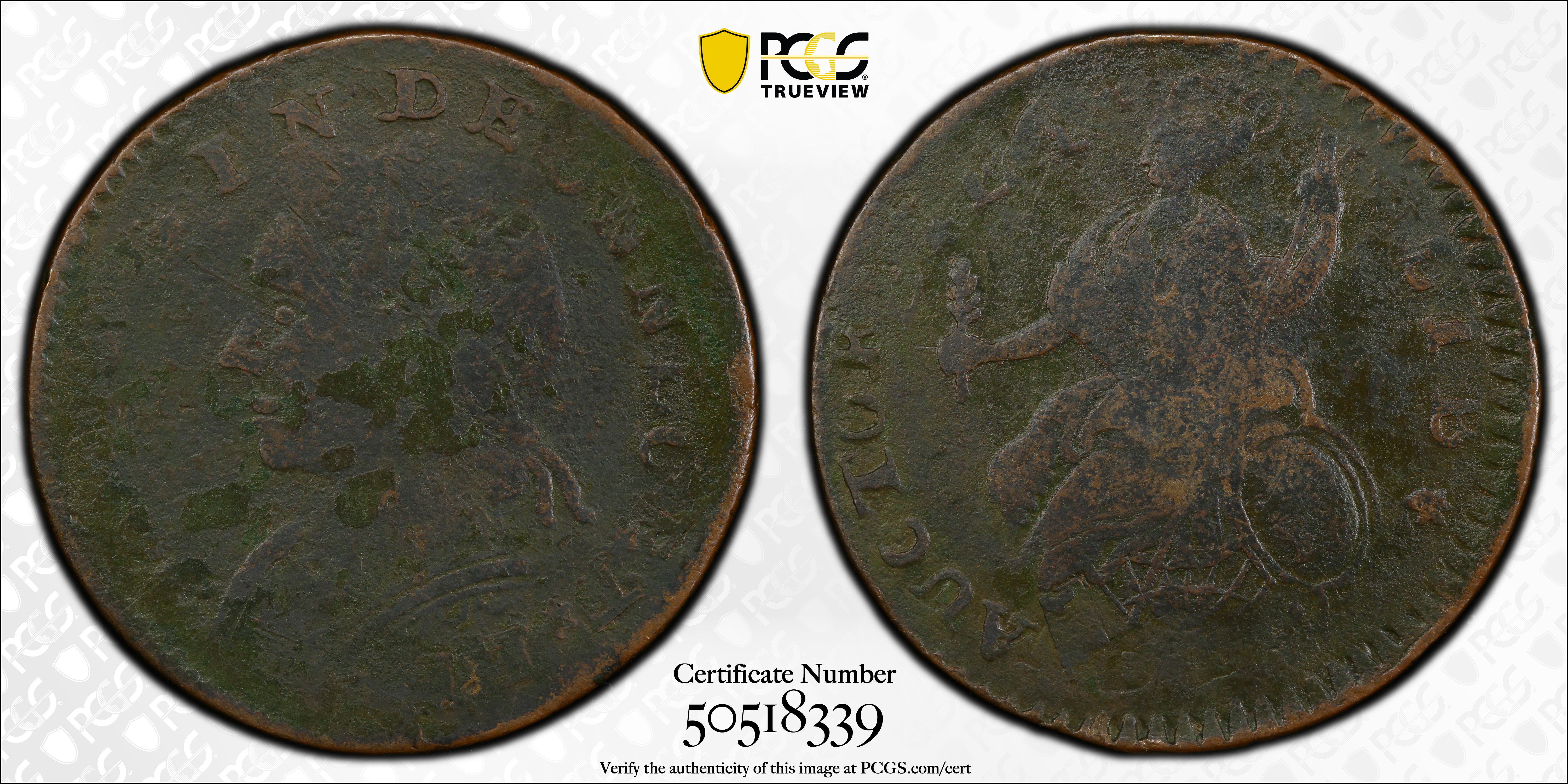 image for: 1788 Connecticut Copper. Miller 12.2-C, W-4525. Rarity-5. Mailed Bust Left. Flipover Double Struck on a Nova Constellatio Copper. Fine Details--Environmental Damage (PCGS).