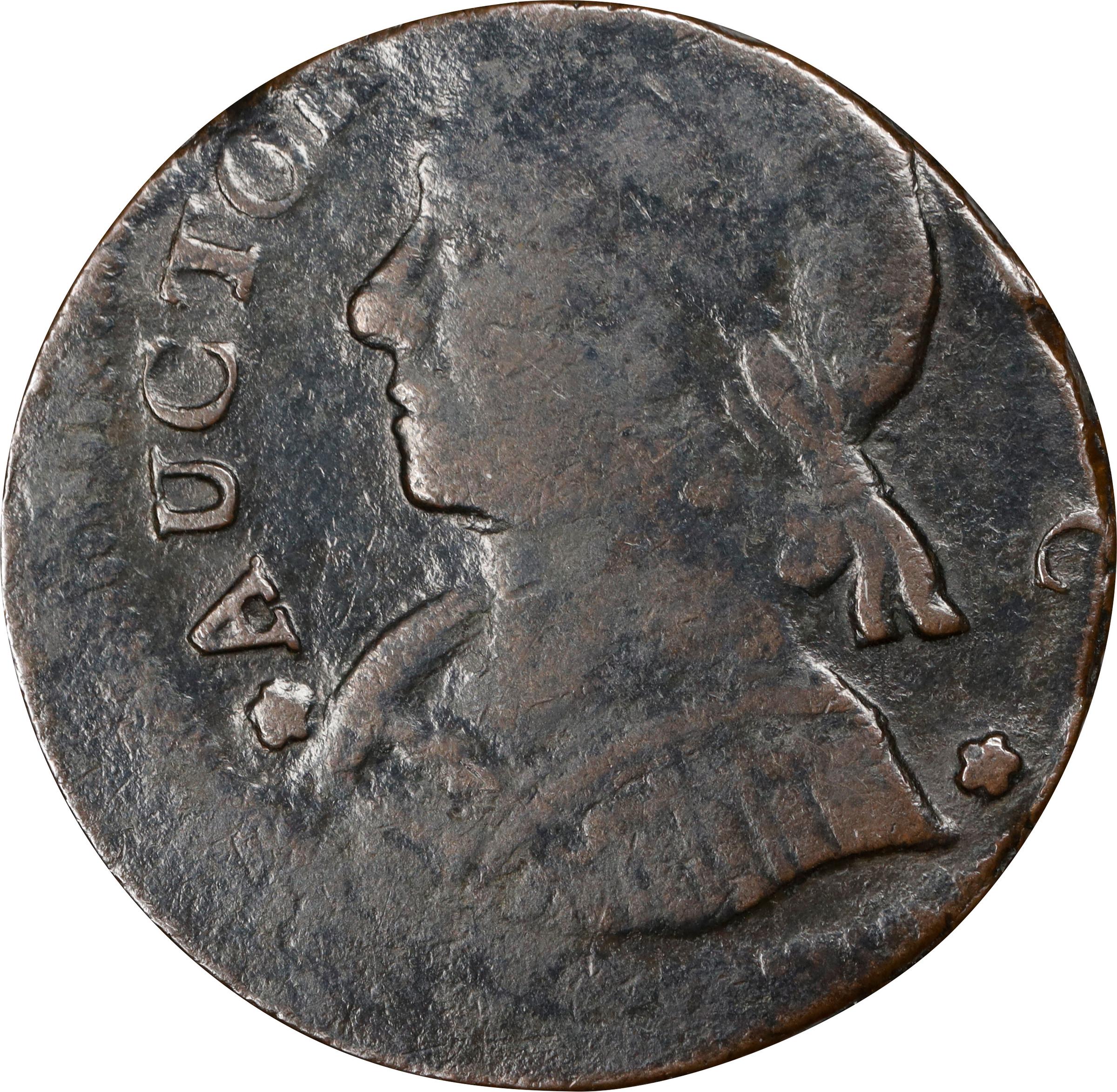image for: 1788 Connecticut Copper. Miller 13-A.1, W-4535. Rarity-4+. Mailed Bust Left, CONNLC. Struck 15% Off Center. Fine.