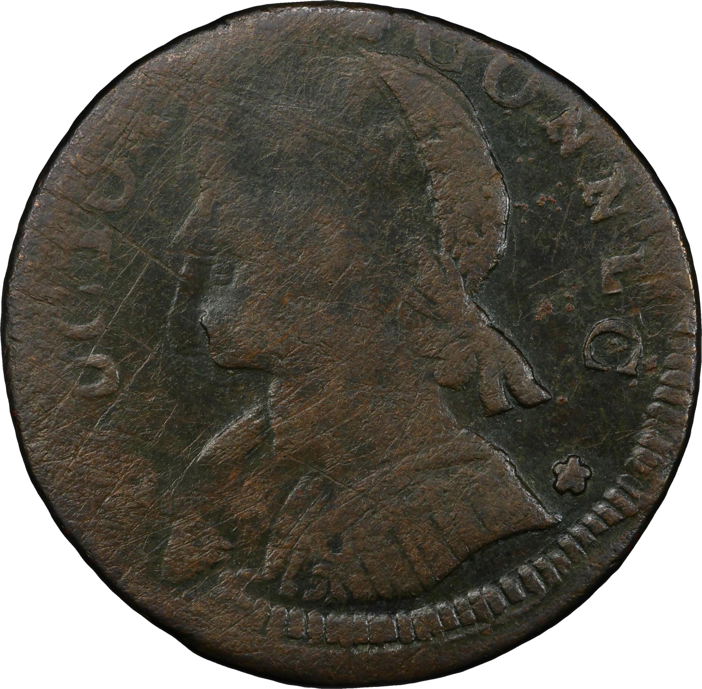 image for: 1788 Connecticut Copper. Miller 13-A.1, W-4535. Rarity-4+. Mailed Bust Left, CONNLC. Double Struck. Fine Details--Environmental Damage (PCGS).
