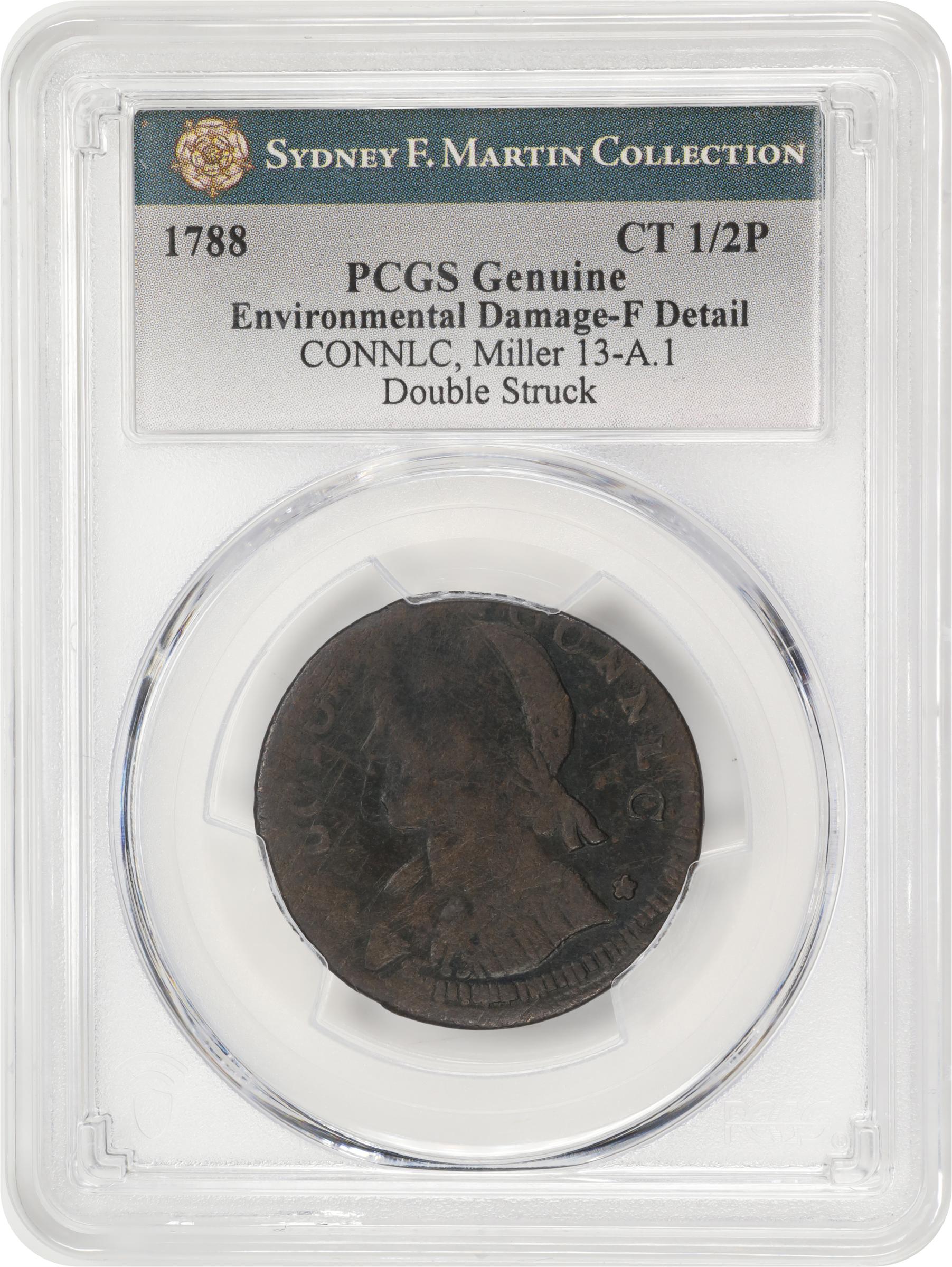 image for: 1788 Connecticut Copper. Miller 13-A.1, W-4535. Rarity-4+. Mailed Bust Left, CONNLC. Double Struck. Fine Details--Environmental Damage (PCGS).
