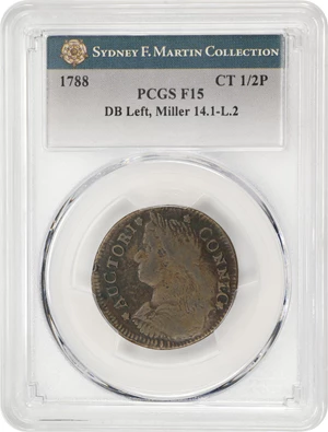 image for: 1788 Connecticut Copper. Miller 14.1-L.2, W-4570. Rarity-5+. Draped Bust Left. Fine-15 (PCGS).