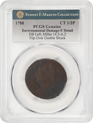 image for: 1788 Connecticut Copper. Miller 14.2-A.2, W-4580. Rarity-5. Draped Bust Left. Flipover Double Struck. Fine Details--Environmental Damage (PCGS).
