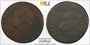 image for: 1788 Connecticut Copper. Miller 14.2-A.2, W-4580. Rarity-5. Draped Bust Left. Flipover Double Struck. Fine Details--Environmental Damage (PCGS).