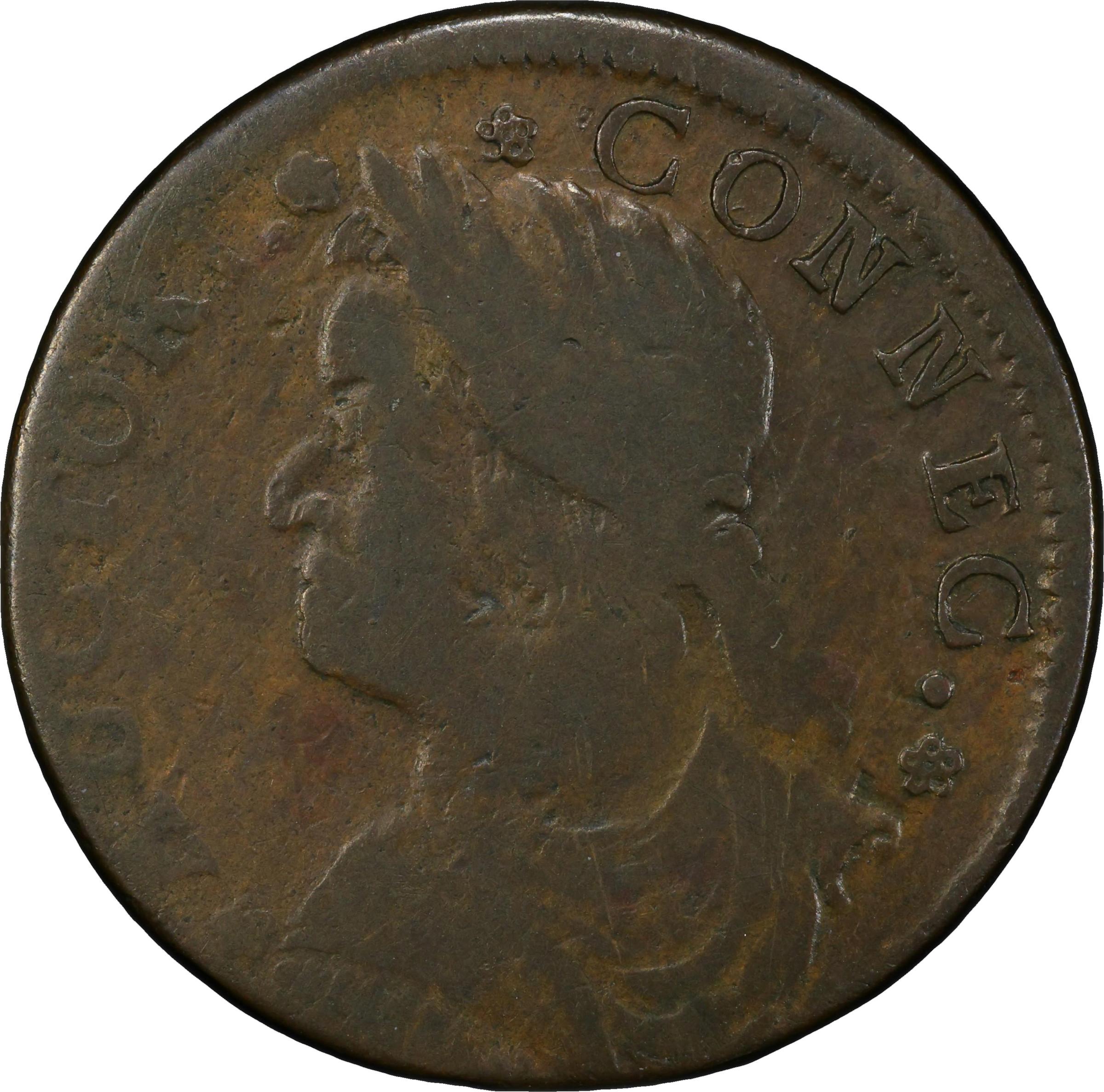 image for: 1788 Connecticut Copper. Miller 16.2-O, W-4605. Rarity-5. Draped Bust Left, INDL ET LIB. VG-10 (PCGS).