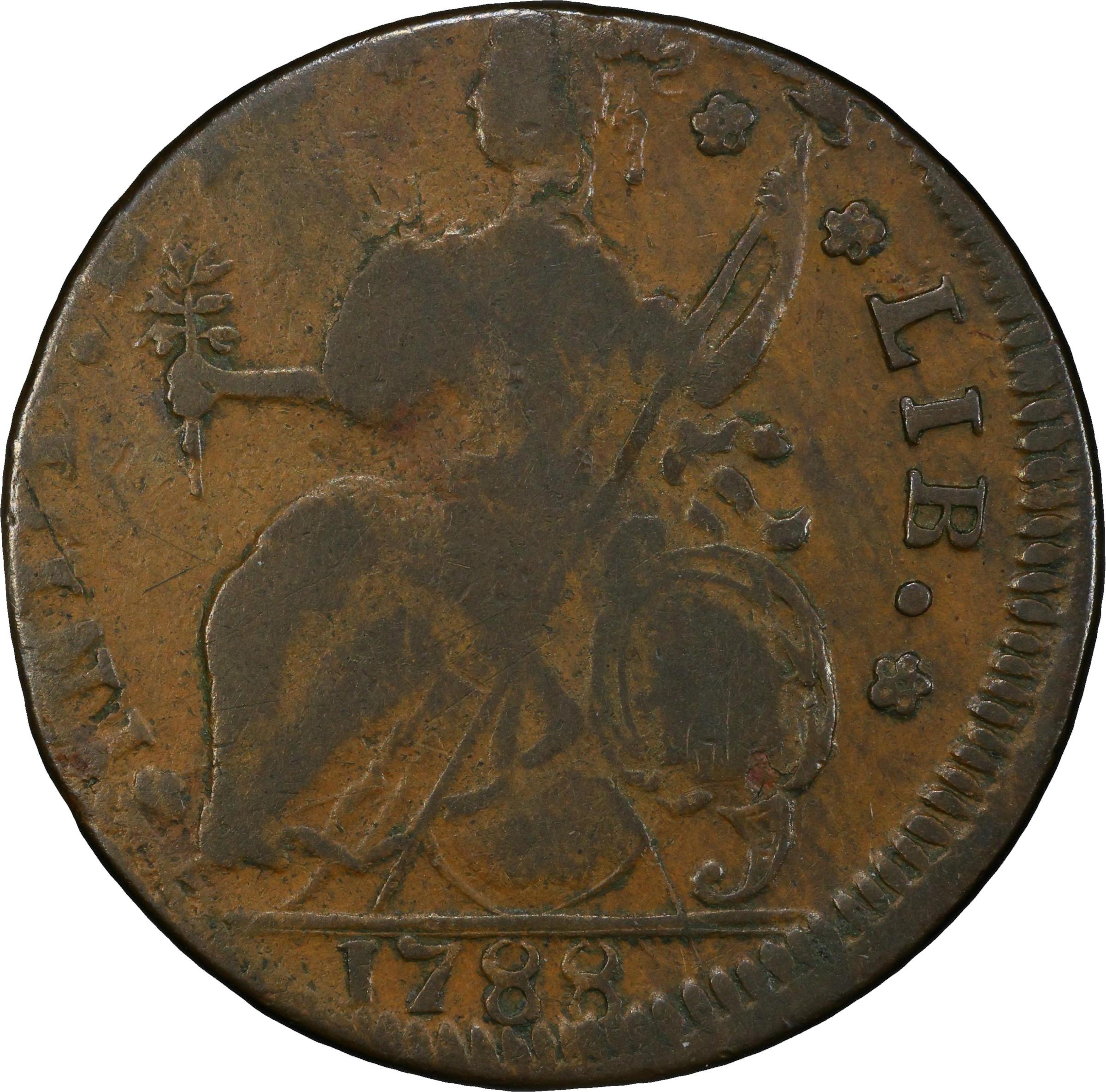 image for: 1788 Connecticut Copper. Miller 16.2-O, W-4605. Rarity-5. Draped Bust Left, INDL ET LIB. VG-10 (PCGS).