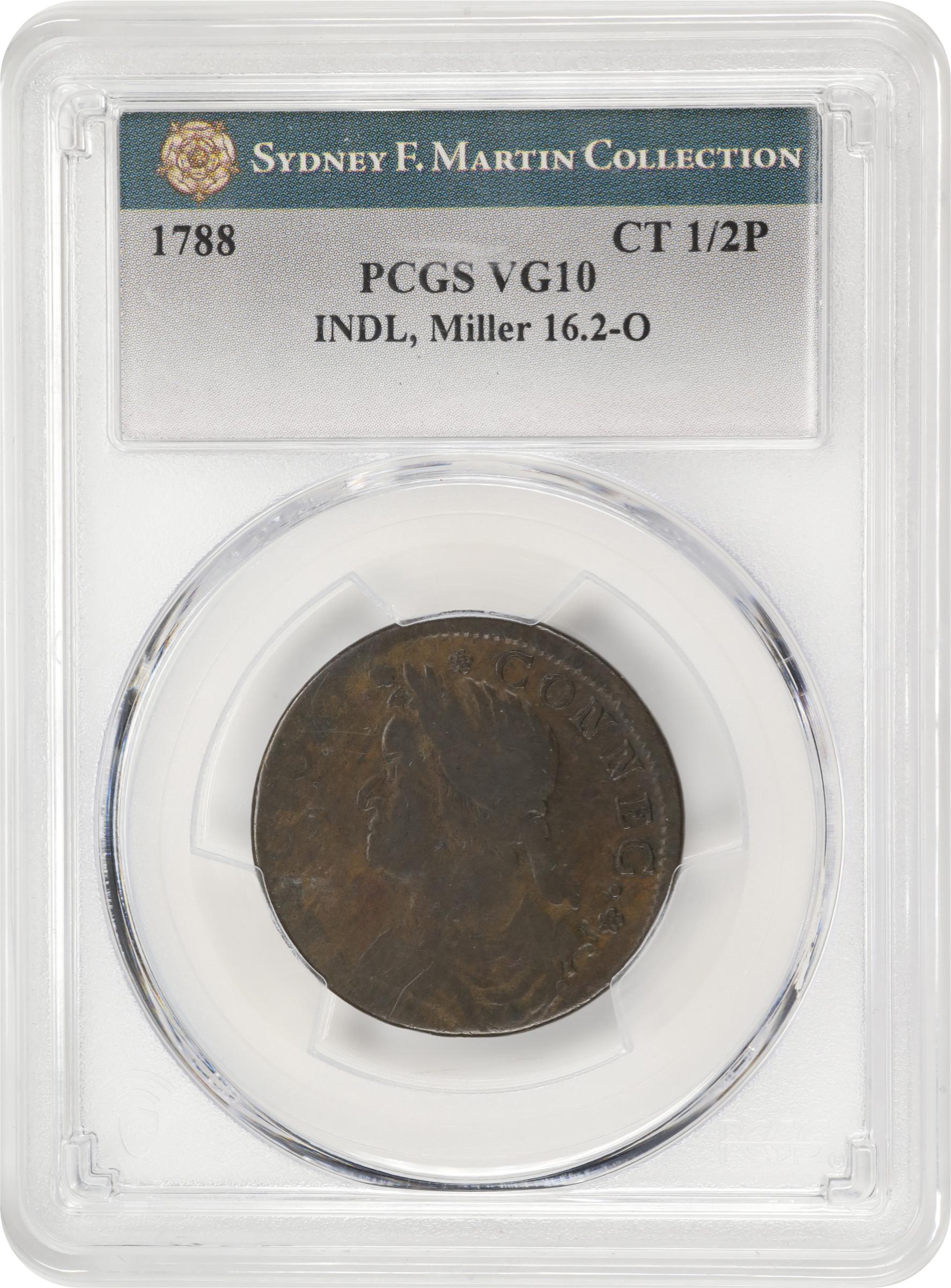 image for: 1788 Connecticut Copper. Miller 16.2-O, W-4605. Rarity-5. Draped Bust Left, INDL ET LIB. VG-10 (PCGS).