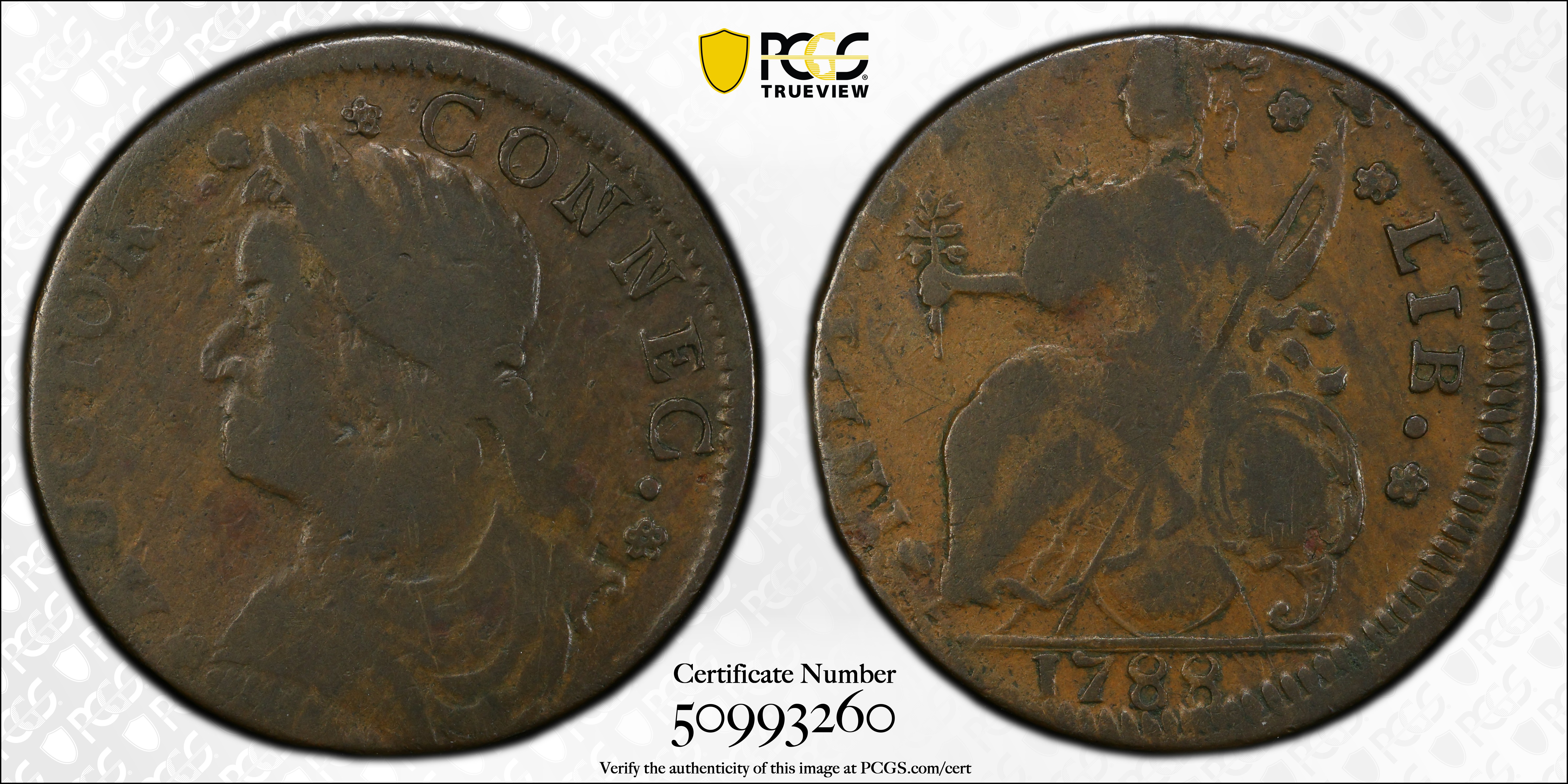 image for: 1788 Connecticut Copper. Miller 16.2-O, W-4605. Rarity-5. Draped Bust Left, INDL ET LIB. VG-10 (PCGS).