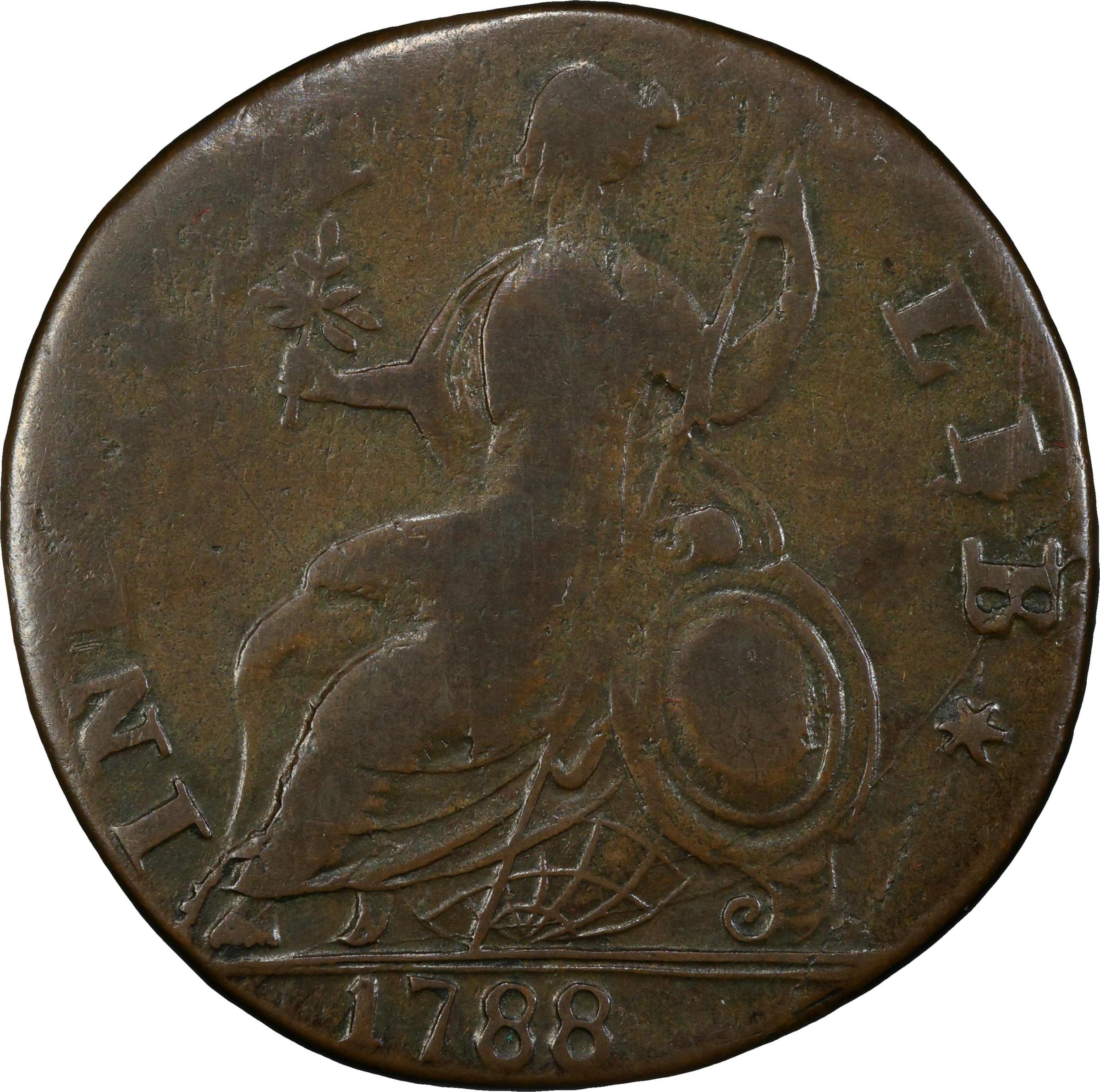 image for: 1788 Machin's Mills Halfpenny / Connecticut Copper Mule. Miller 101-D, Vlack 13-88CT, W-8080. Rarity-5. EF Details--Planchet Flaw (PCGS).