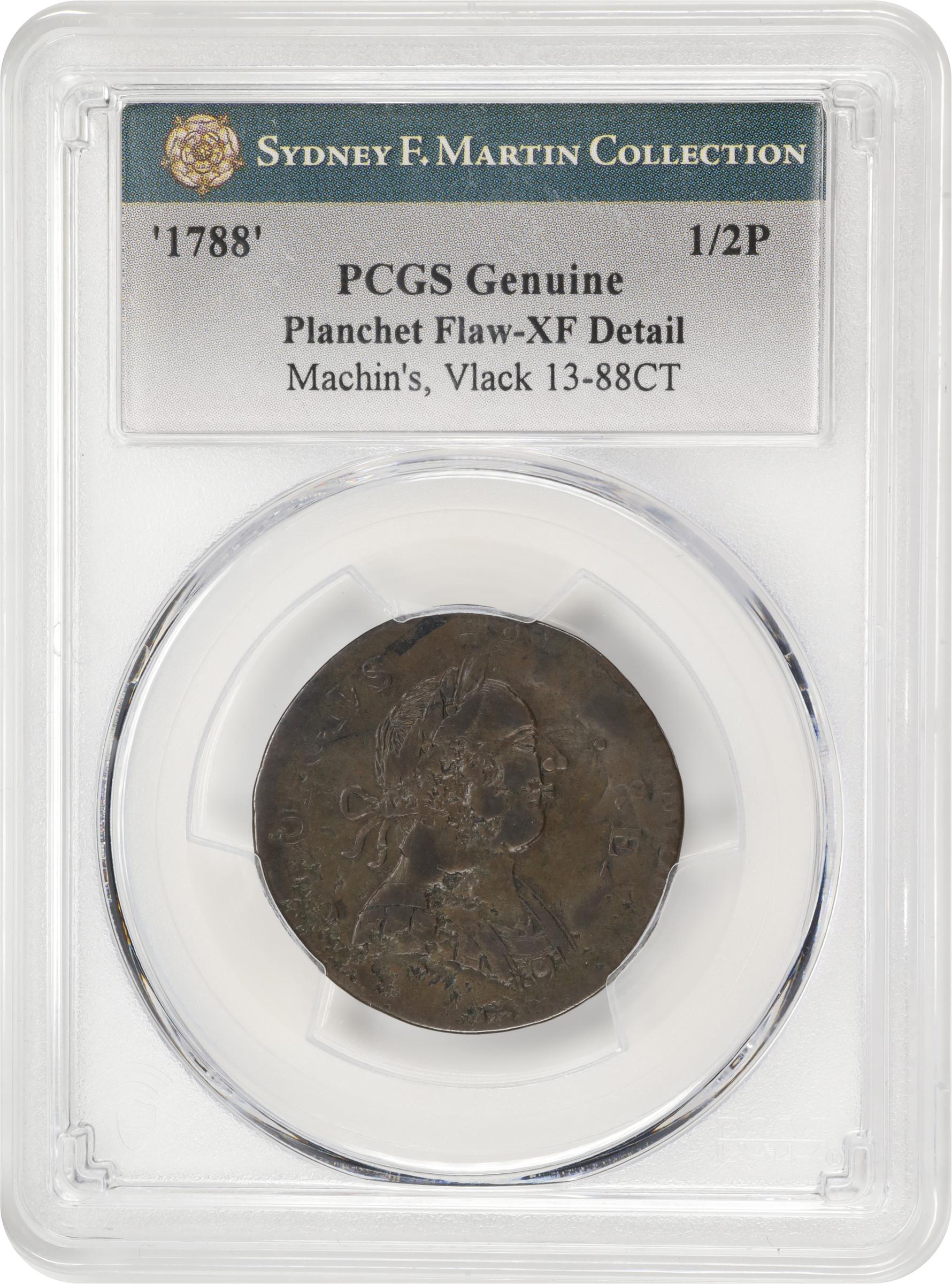 image for: 1788 Machin's Mills Halfpenny / Connecticut Copper Mule. Miller 101-D, Vlack 13-88CT, W-8080. Rarity-5. EF Details--Planchet Flaw (PCGS).