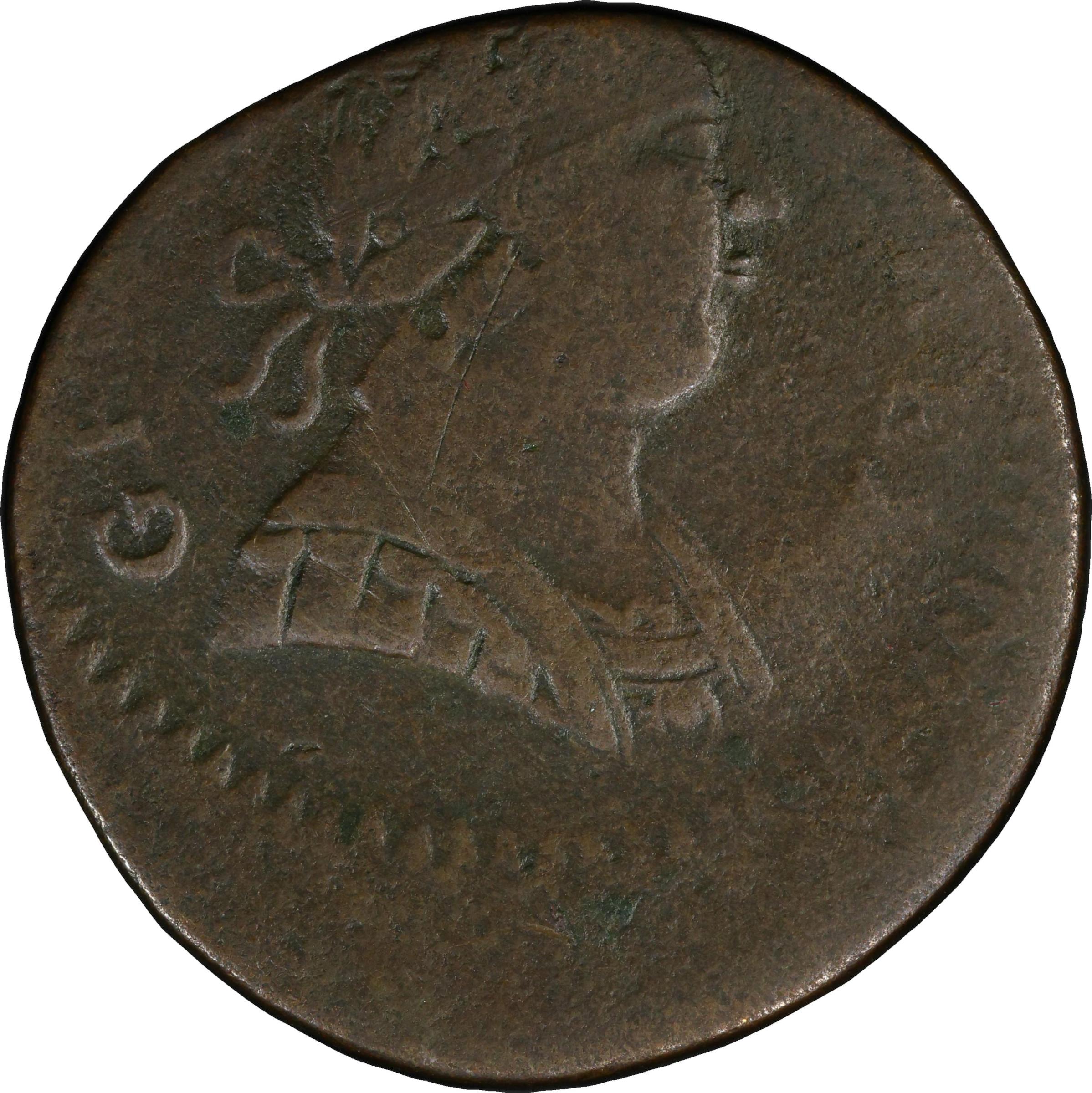 image for: 1788 Machin's Mills Halfpenny / Connecticut Copper Mule. Miller 101-D, Vlack 13-88CT, W-8080. Rarity-5. Struck 20% Off-Center. Fine-15 (PCGS).