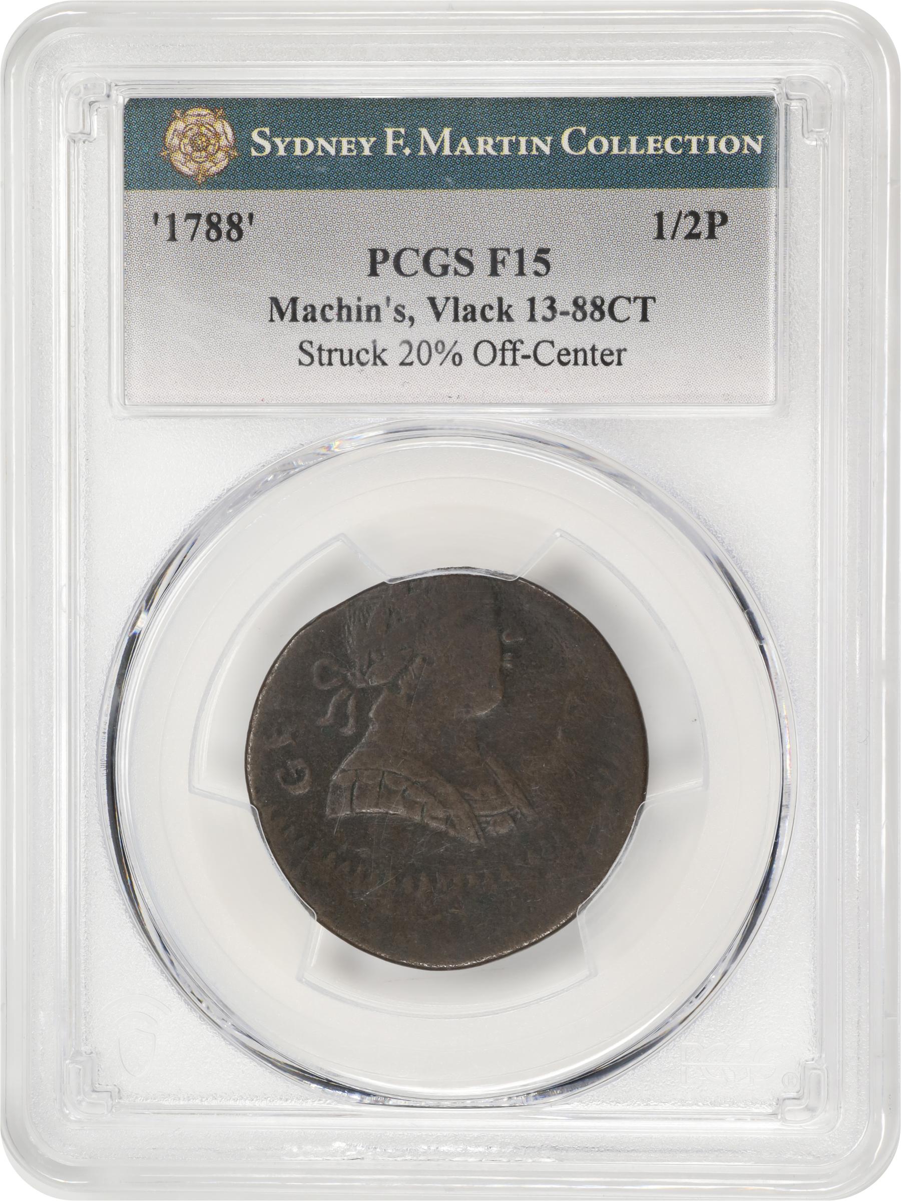 image for: 1788 Machin's Mills Halfpenny / Connecticut Copper Mule. Miller 101-D, Vlack 13-88CT, W-8080. Rarity-5. Struck 20% Off-Center. Fine-15 (PCGS).