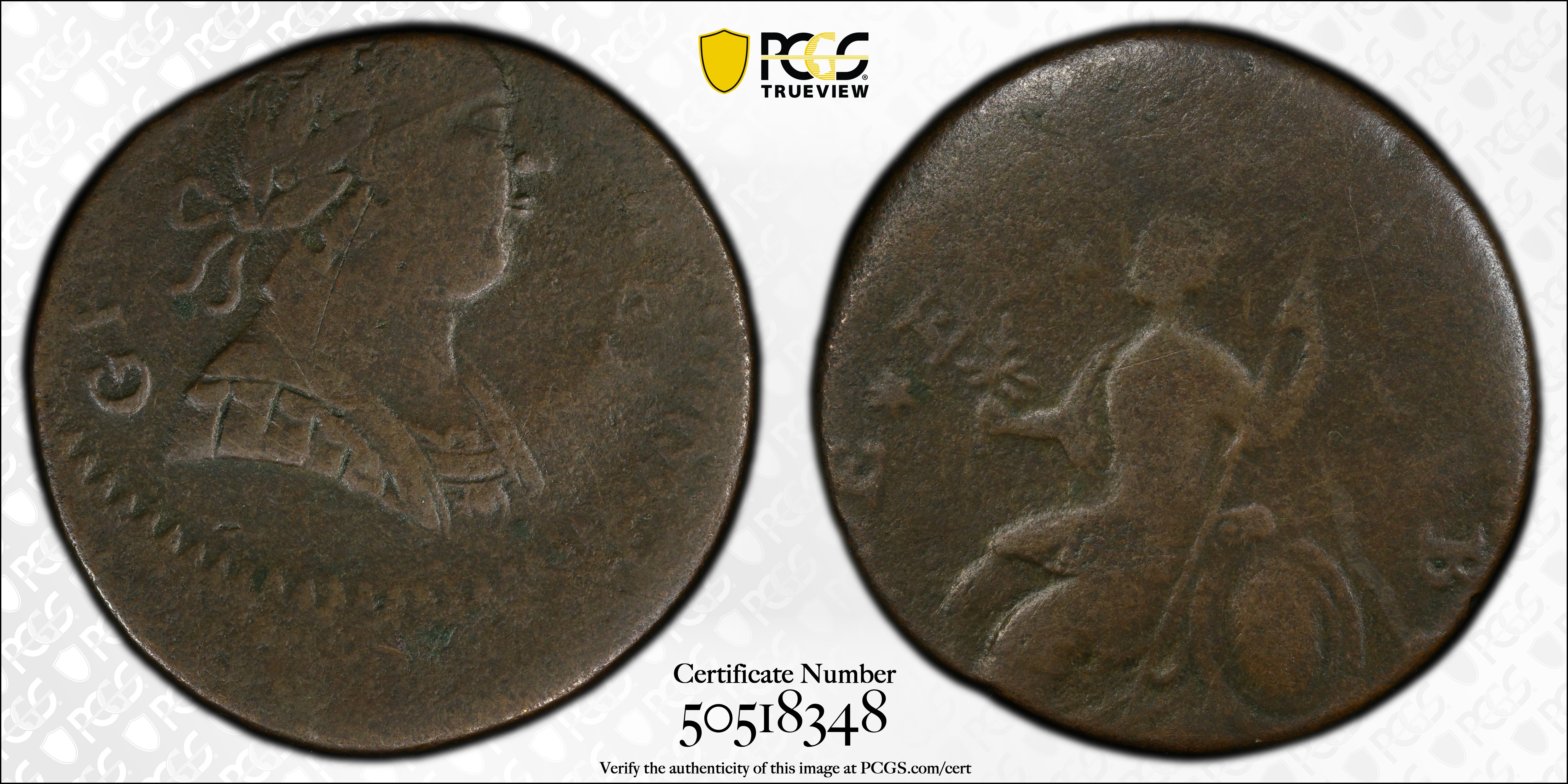 image for: 1788 Machin's Mills Halfpenny / Connecticut Copper Mule. Miller 101-D, Vlack 13-88CT, W-8080. Rarity-5. Struck 20% Off-Center. Fine-15 (PCGS).