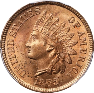 image for: 1865 Indian Cent. Plain 5. MS-64+ RD (PCGS).