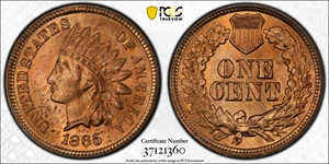 image for: 1865 Indian Cent. Plain 5. MS-64+ RD (PCGS).