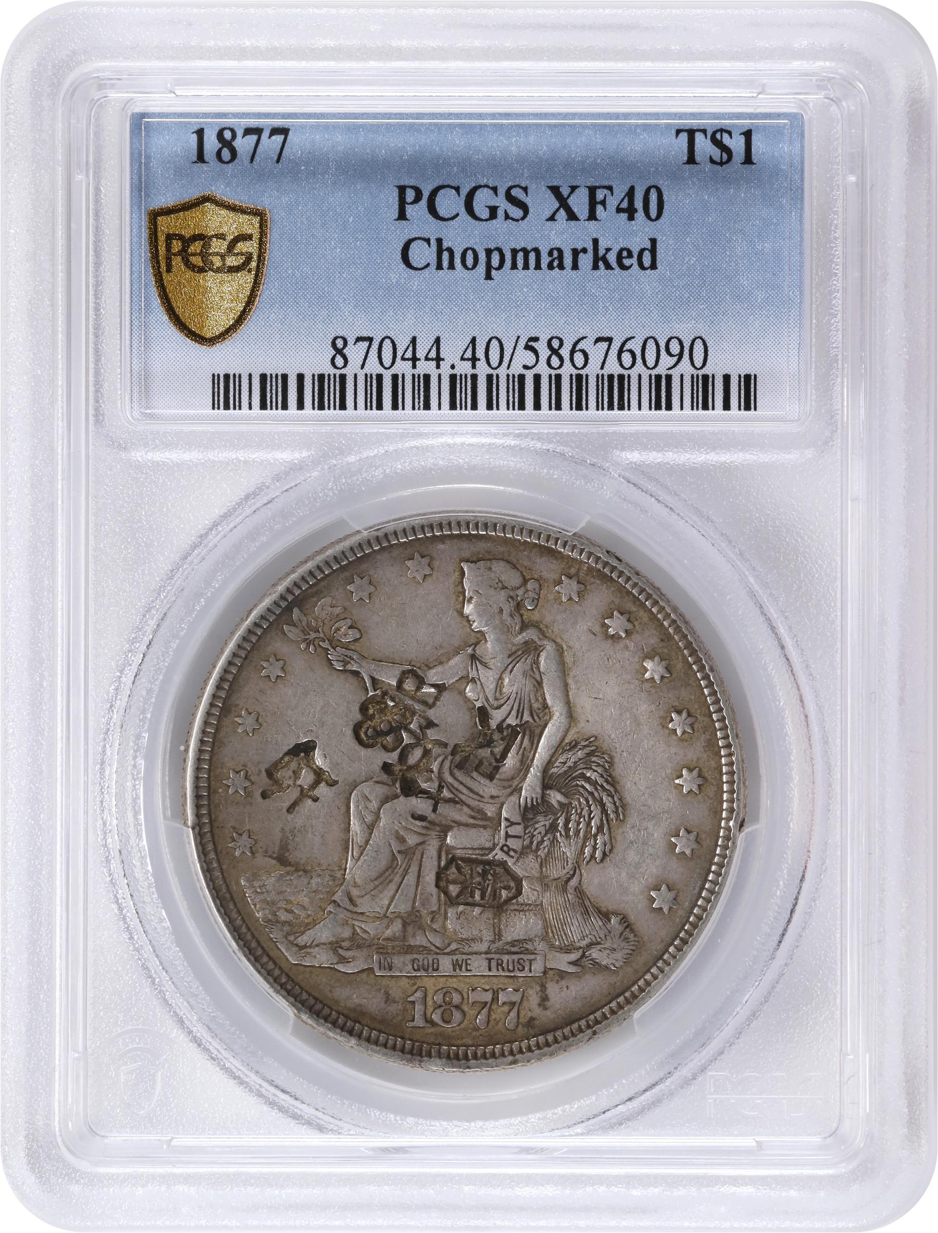 image for: 1877 Trade Dollar. Chop Mark. EF-40 (PCGS).