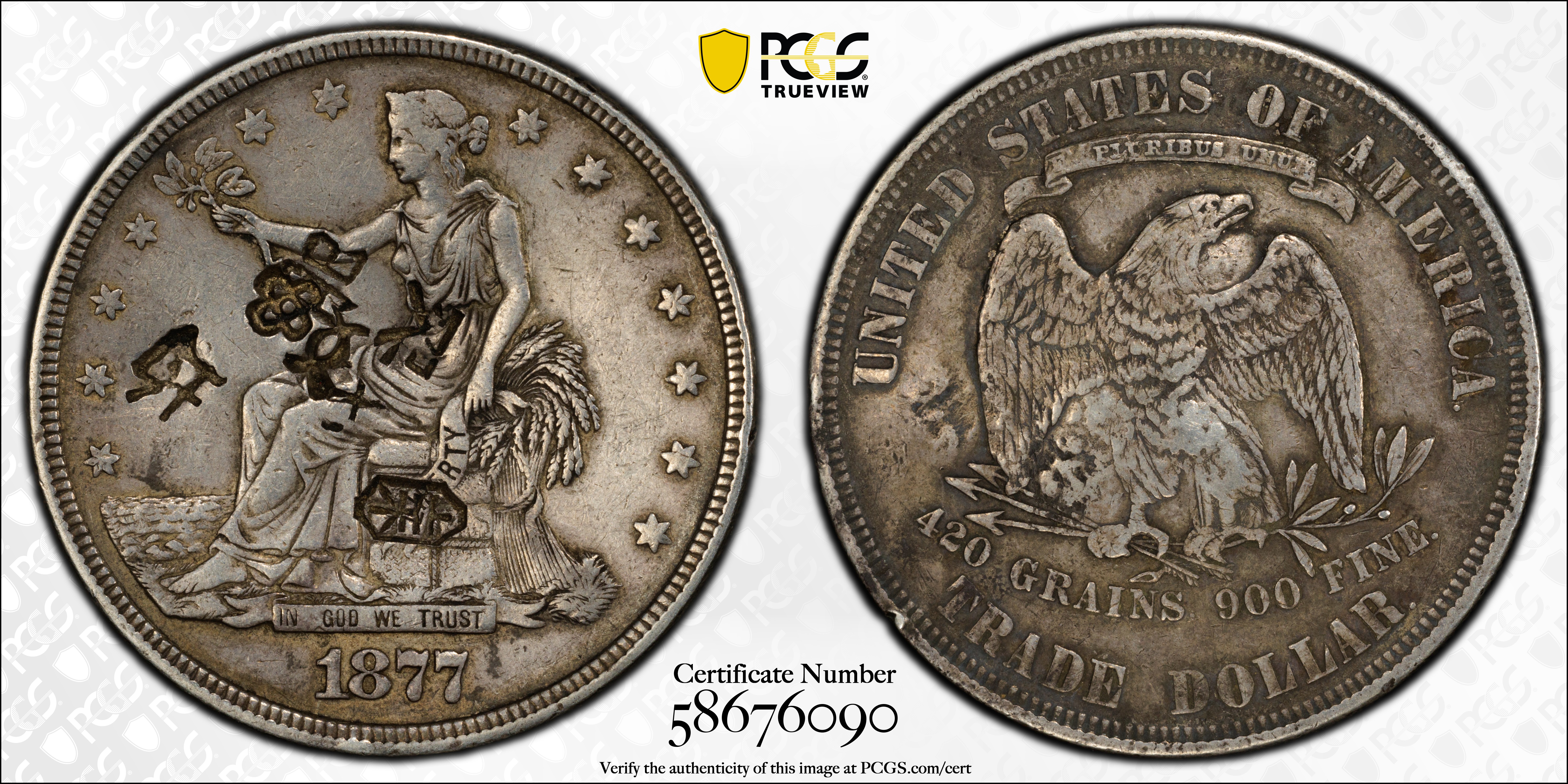 image for: 1877 Trade Dollar. Chop Mark. EF-40 (PCGS).