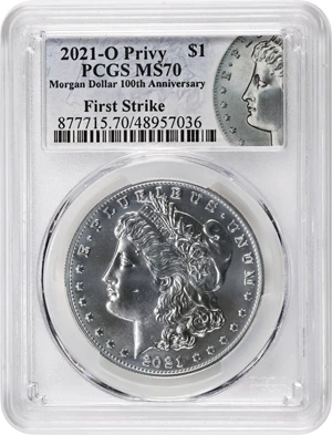 image for: 2021 Silver Dollar Anniversary Coin. Morgan. O Privy Mark. First Strike. MS-70 (PCGS).