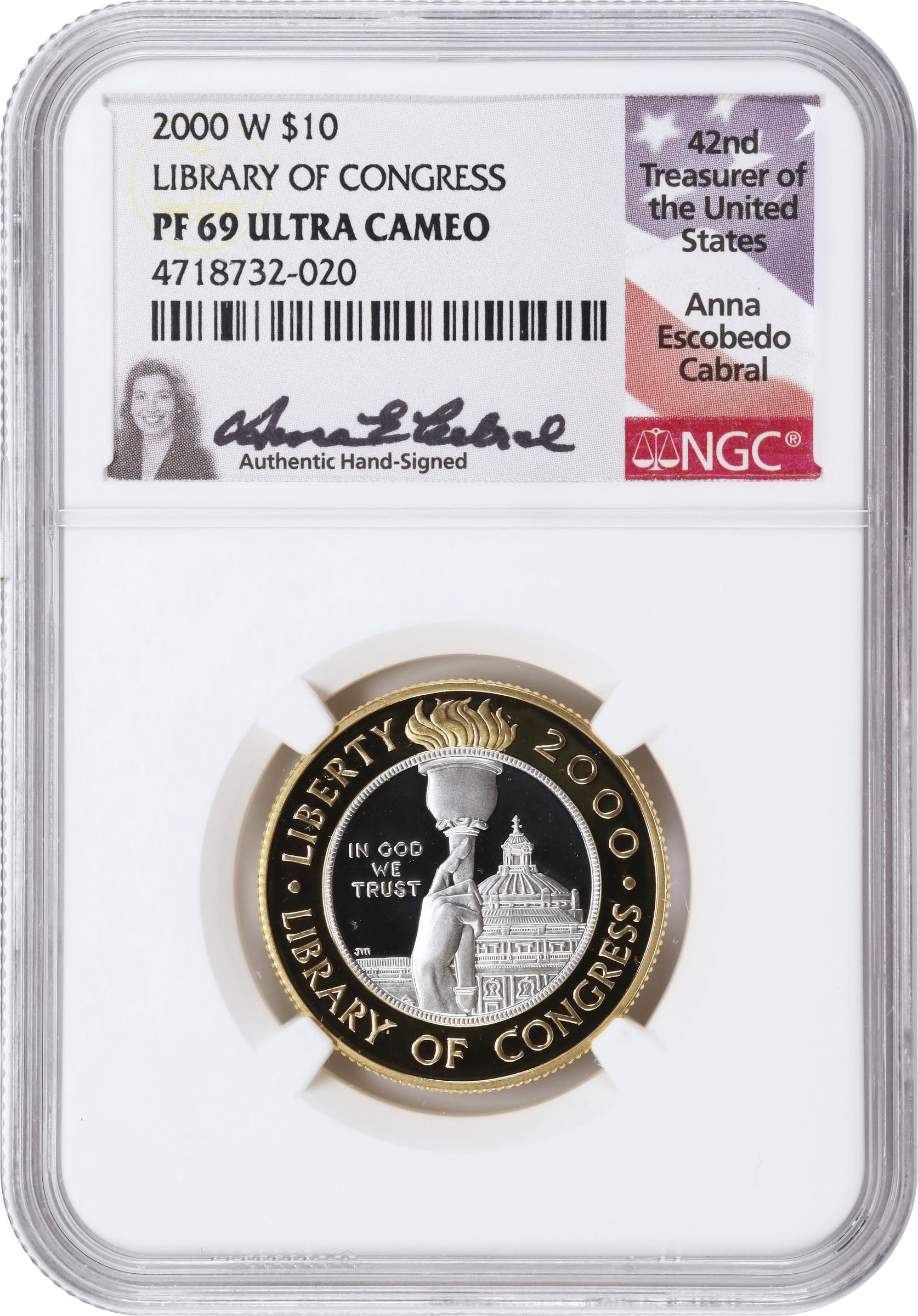 image for: 2000-W Library of Congress Bicentennial Silver Dollar. Proof-69 Ultra Cameo (NGC). 42nd Treasurer of the United States Anna Escobedo Cabral Signature.