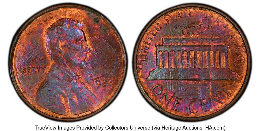 image for: 1987 1C Lincoln Cent -- Rotated Double Struck In-Collar -- MS62 Red and Brown PCGS. PCGS Population: (3/17 and 0/0+)....