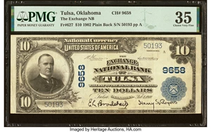 image for: Tulsa, OK - $10 1902 Plain Back Fr. 627 The Exchange National Bank Ch. # 9658 PMG Choice Very Fine 35....
