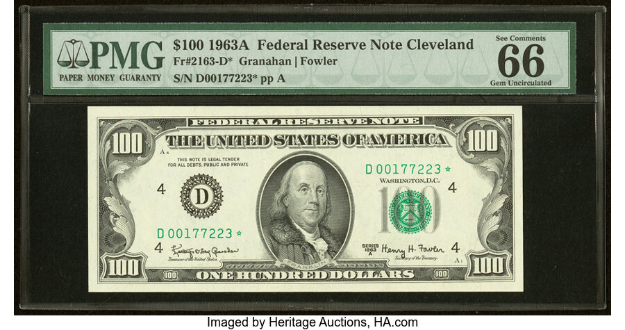 image for: Fr. 2163-D* $100 1963A Federal Reserve Star Note. PMG Gem Uncirculated 66 EPQ....