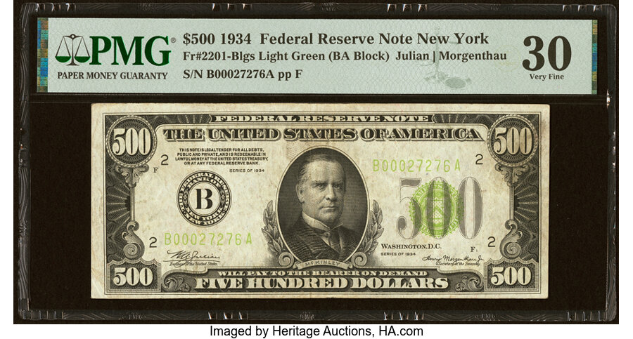 image for: Fr. 2201-B $500 1934 Light Green Seal Federal Reserve Note. PMG Very Fine 30....