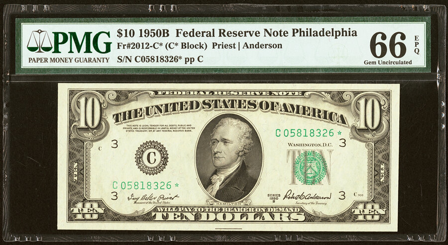 image for: Fr. 2012-C* $10 1950B Federal Reserve Star Note. PMG Gem Uncirculated 66 EPQ....