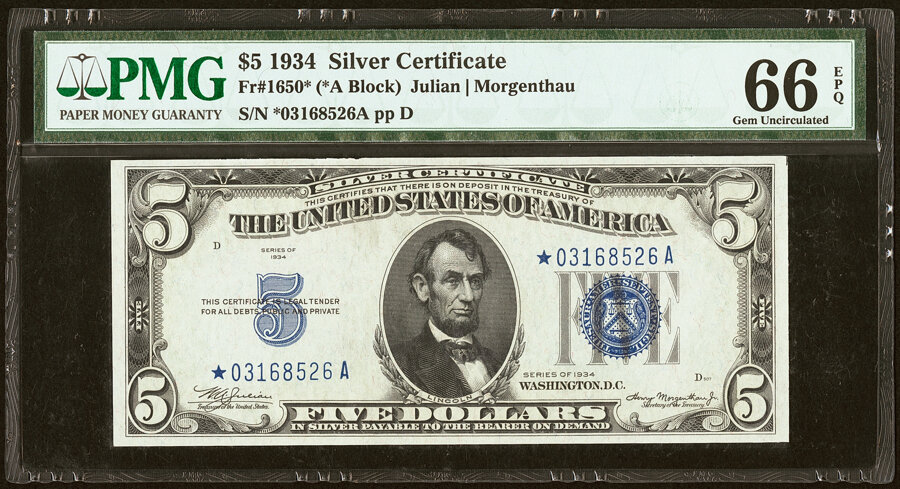 image for: Fr. 1650* $5 1934 Silver Certificate Star. PMG Gem Uncirculated 66 EPQ....