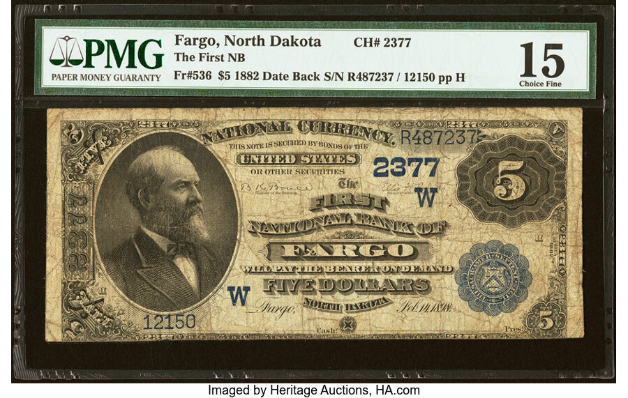 image for: Fargo, ND - $5 1882 Date Back Fr. 536 The First National Bank Ch. # (W)2377 PMG Choice Fine 15....
