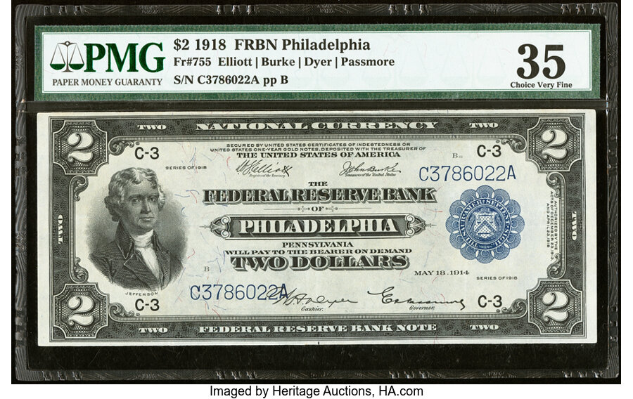 image for: Fr. 755 $2 1918 Federal Reserve Bank Note PMG Choice Very Fine 35....