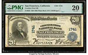 image for: San Francisco, CA - $20 1902 Plain Back Fr. 653 Crocker First National Bank Ch. # 1741 PMG Very Fine 20....