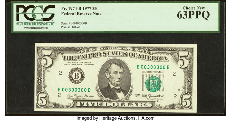 image for: Radar Serial Number 00300300 Fr. 1974-B $5 1977 Federal Reserve Note. PCGS Choice New 63PPQ....