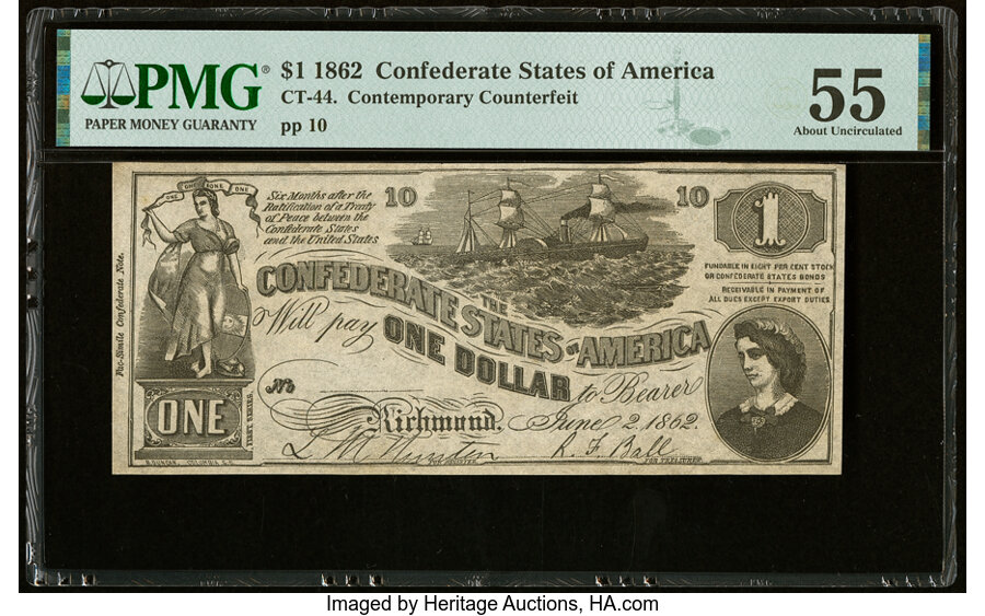 image for: CT44/339 $1 1862 Contemporary Counterfeit PMG About Uncirculated 55....