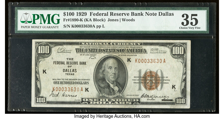 image for: Fr. 1890-K $100 1929 Federal Reserve Bank Note. PMG Choice Very Fine 35....