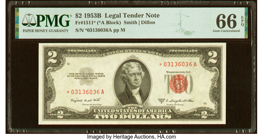 image for: Fr. 1511* $2 1953B Legal Tender Star Note. PMG Gem Uncirculated 66 EPQ....