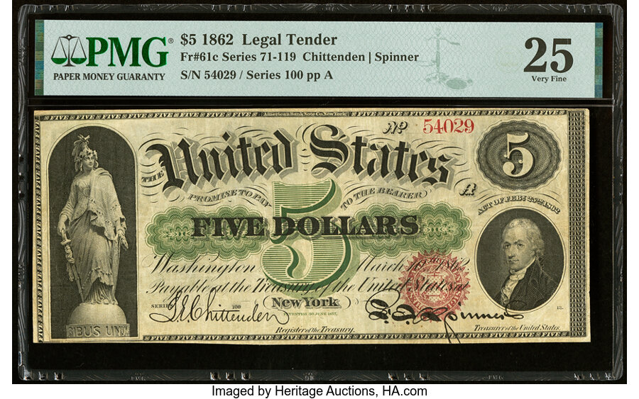 image for: Fr. 61c $5 1862 Legal Tender PMG Very Fine 25....