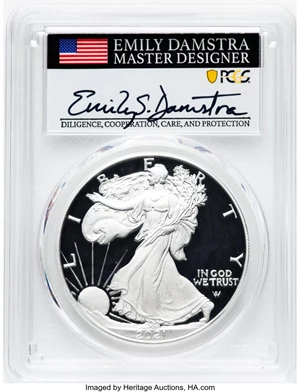 image for: 2021-W $1 Silver Eagle, Type Two, First Strike, Emily S. Damstra, PR70 Deep Cameo PCGS. Hand-signed, Emily S. Damstra....