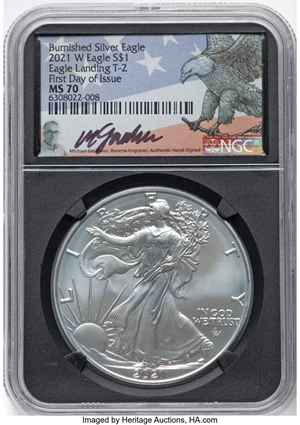 image for: 2021-W $1 Silver Eagle, Type Two, Burnished, First Day of Issue, MS70 NGC. Hand-signed, Michael Gaudioso....