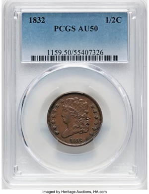 image for: 1832 1/2 C C-3, B-3, R.1, AU50 PCGS. PCGS Population: (66/491). Mintage 154,000....