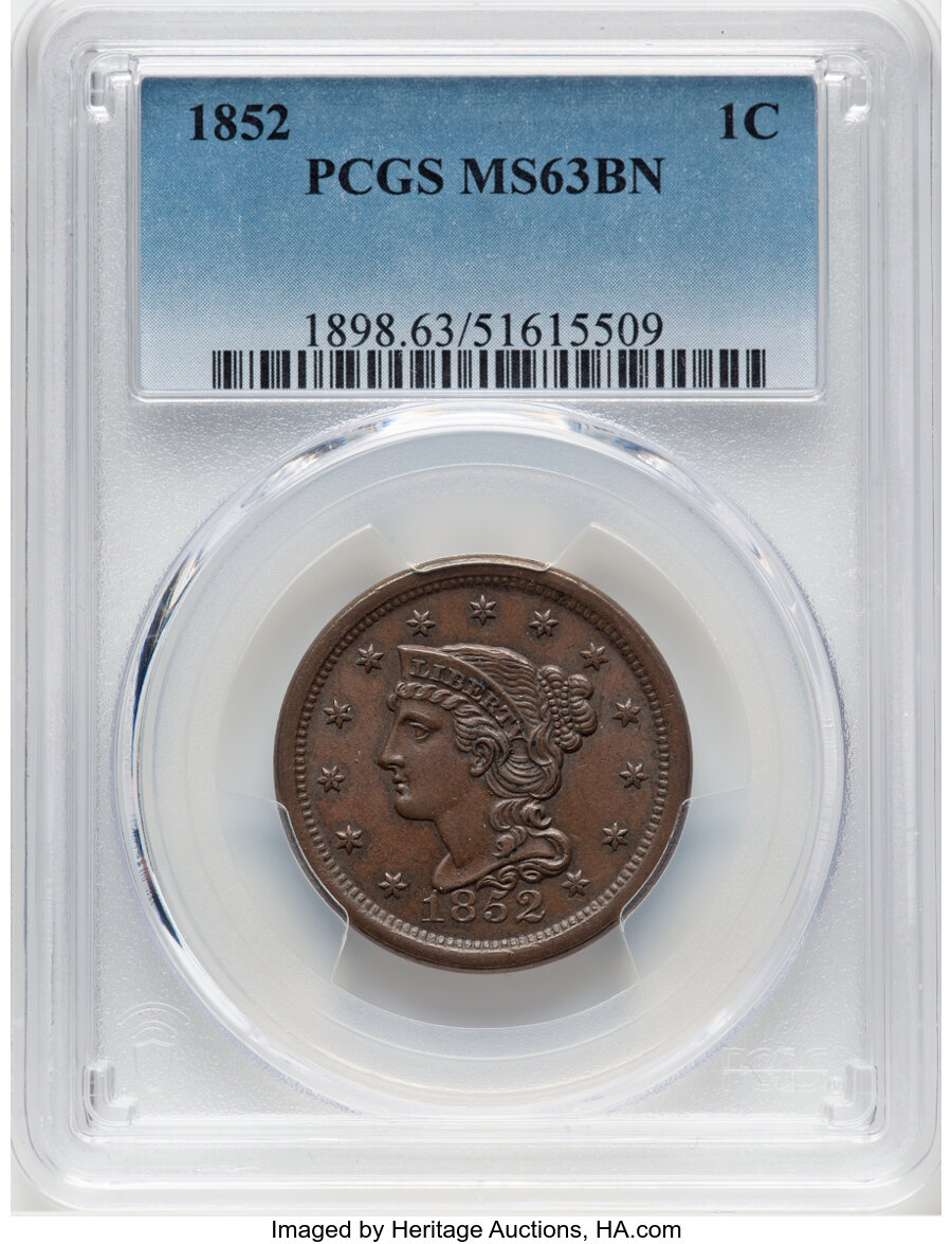 image for: 1852 1C N-18, R.3, MS63 Brown PCGS. Mintage 5,063,094....