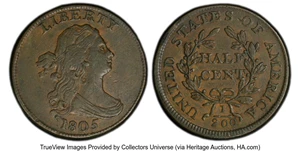 image for: 1805 1/2 C Large 5, Stems, C-4, B-4, R.2, XF40 PCGS. PCGS Population: (2/17 and 0/0+)....