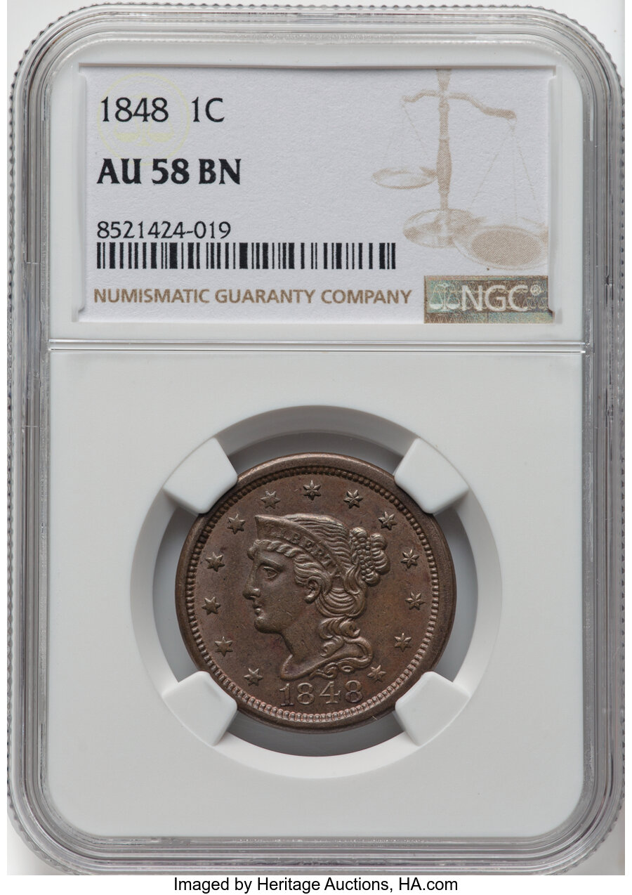 image for: 1848 1C N-6, R.1, AU58 NGC. NGC Census: (86/234).  Mintage 6,415,799....