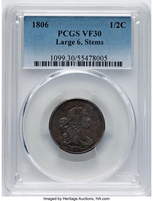 image for: 1806 1/2 C Large 6, Stems, C-4, B-4, R.1, VF30 PCGS....