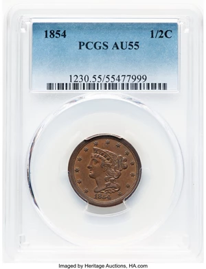 image for: 1854 1/2 C C-1, B-1, R.1, AU55 PCGS. Mintage 55,358....