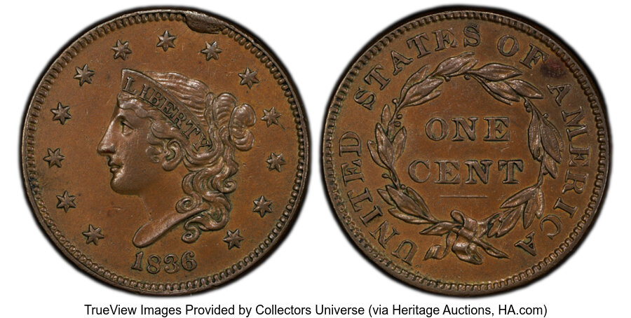 image for: 1836 1C N-6, R.2, AU58 PCGS. PCGS Population: (2/10 and 0/0+).  Mintage 2,111,000....