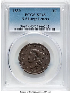 image for: 1830 1C Large Letters, N-5, R.3, XF45 PCGS. PCGS Population: (2/4)....