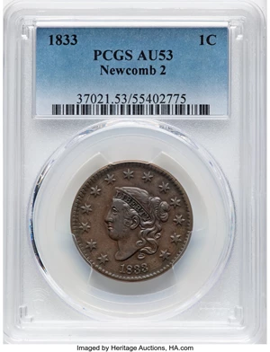 image for: 1833 1C N-2, R.2, AU53 PCGS. PCGS Population: (2/12). Mintage 2,739,000....