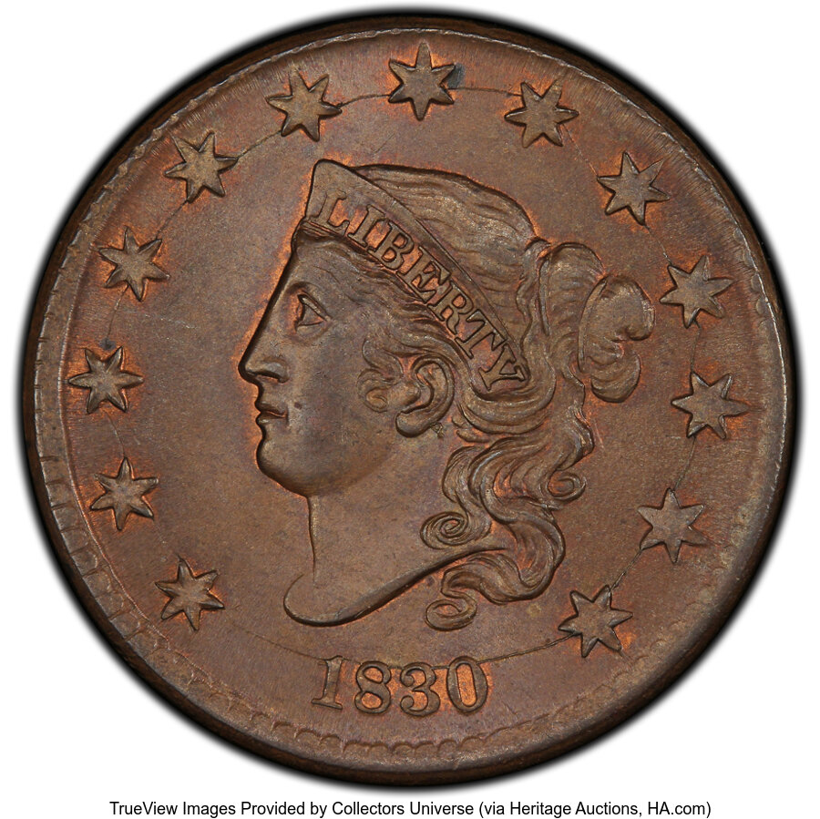 image for: 1830 1C Large Letters, N-2, R.2, MS64 Brown PCGS. A remarkably well-preserved Coronet Head cent, this piece is fully lustro...