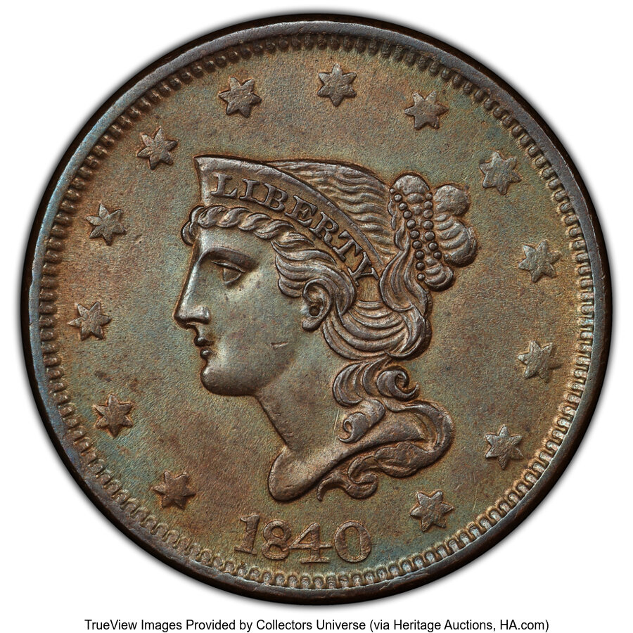 image for: 1840 1C Large Date, N-7, R.3, MS61 Brown PCGS. Mintage 2,462,700....